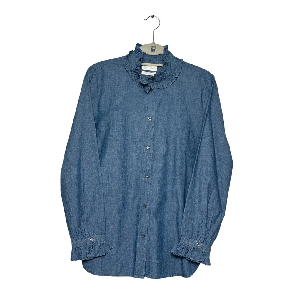 J. Crew Womens Ruffle Collar Chambray Shirt Blue Classic Fit Size 8 NEW!